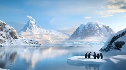 Penguin huddle on icy shoreline antarctica wildlife photography serene natural landscape wide angle view group dynamics