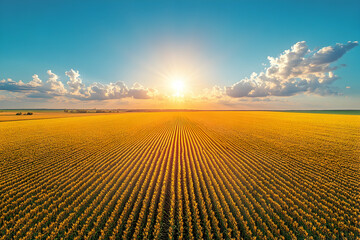 Fototapeta premium Aerial view of a vast sunflower field at sunset.