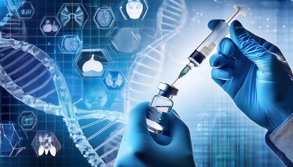 Gloved hands filling syringe from vial, overlaid with DNA and anatomical images, symbolize genetic medicine, gene therapy, and medical research.