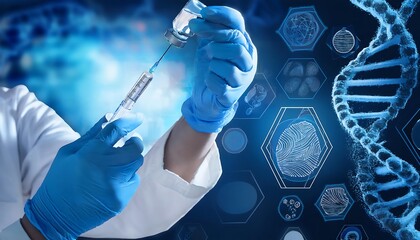 Gloved hands filling syringe from vial, overlaid with DNA and anatomical images, symbolize genetic medicine, gene therapy, and medical research.