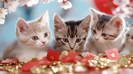 Three adorable kittens curiously explore a festive scene decorated with red envelopes and gold coins under blooming flowers.