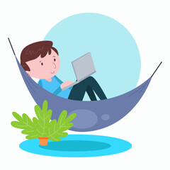 A man relaxes in a hammock while working on his laptop. This illustrates a serene and relaxed work style.