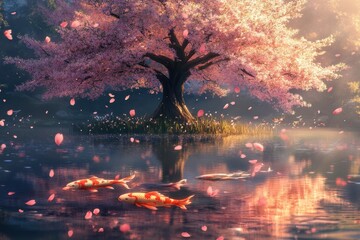 Serene scene with a cherry blossom tree and koi fish in tranquil water.