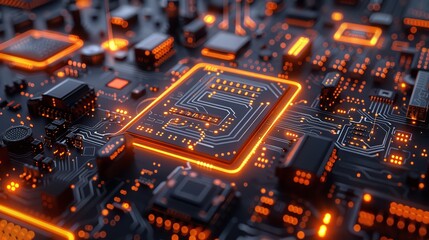 Obraz premium Complex electronic circuit board with glowing orange lights, representing the power of technology and innovation.