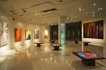 A modern art gallery with interactive exhibits and digital installations, Art scene, Interactive...