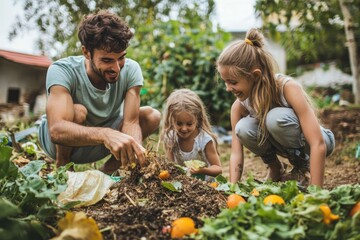 Family gardening activity with children, planting and enjoying nature.