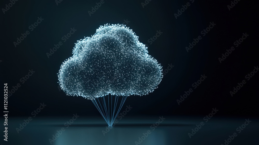 Poster futuristic cloud illustration with luminous particles on dark background representing data storage a