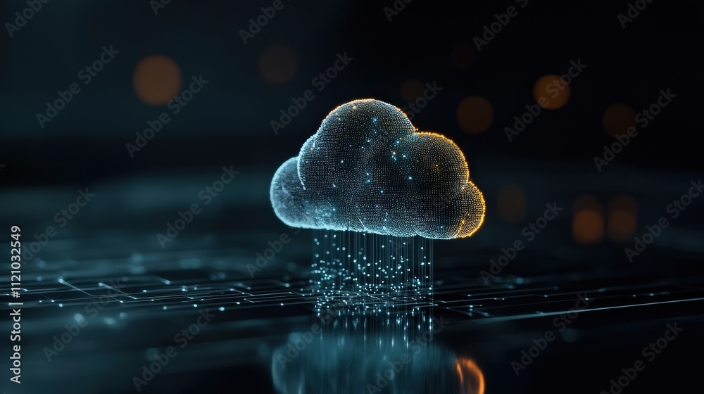Poster Digital Cloud Technology with Particles and Light Reflections on Circuit Board in Modern Data Storage Context for Illustrating Cloud Computing Concepts