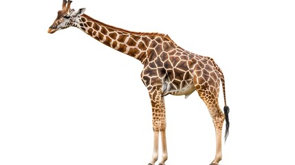 Fototapeta premium Graceful giraffe with long neck extended on white.