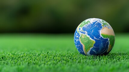 Our Fragile Earth: A miniature globe rests delicately on lush green grass, highlighting the fragility and beauty of our planet. A poignant reminder of our responsibility to protect it. 