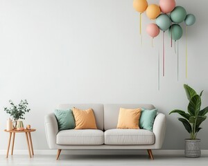 Living room with playful birthday decorations, multicolored balloons and ribbons hanging from the ceiling, cheerful and lively vibe