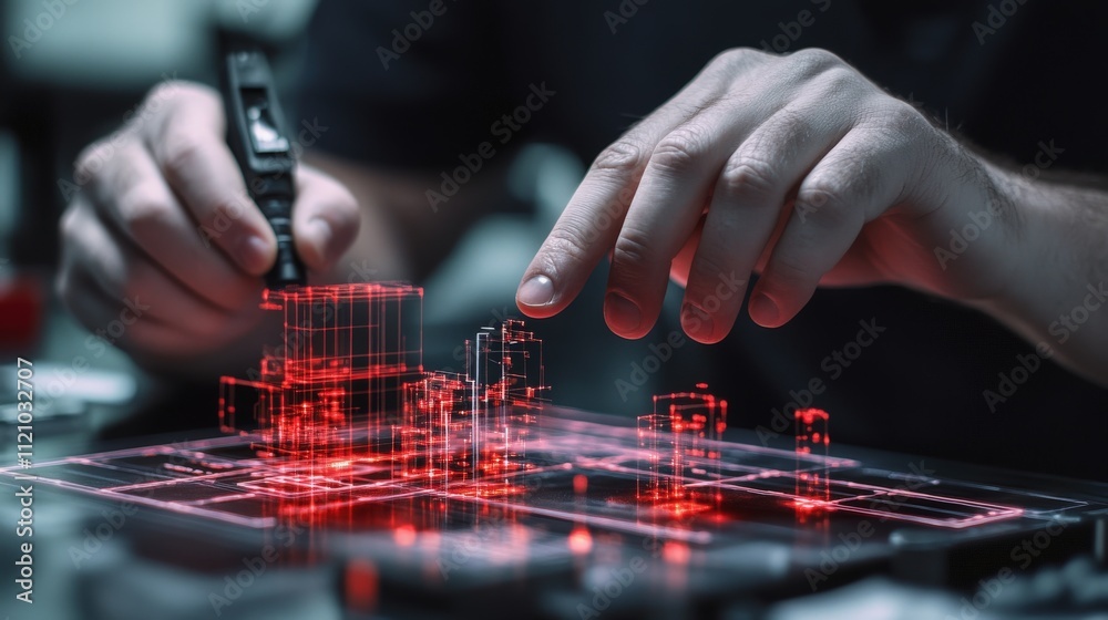 Aufkleber Futuristic Architecture Concept with Hands Designing Digital Structures Using Red Lights and Holographic Technology in a High-Tech Environment