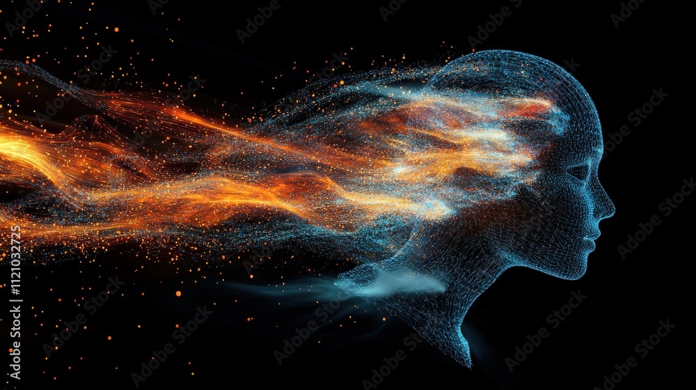 Poster Abstract representation of a human profile with flowing energy and particles symbolizing creativity, imagination, and the power of thoughts in a digital art form