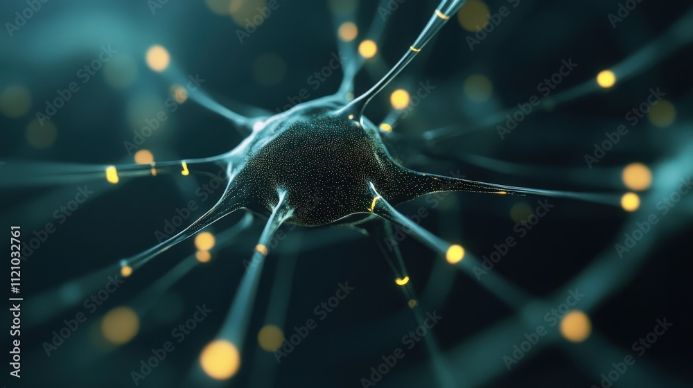 Poster Intricate Close-Up of a Nerve Cell with Glowing Synapses, Highlighting the Beauty of Neurobiology and the Complexity of the Nervous System in a Dark Background