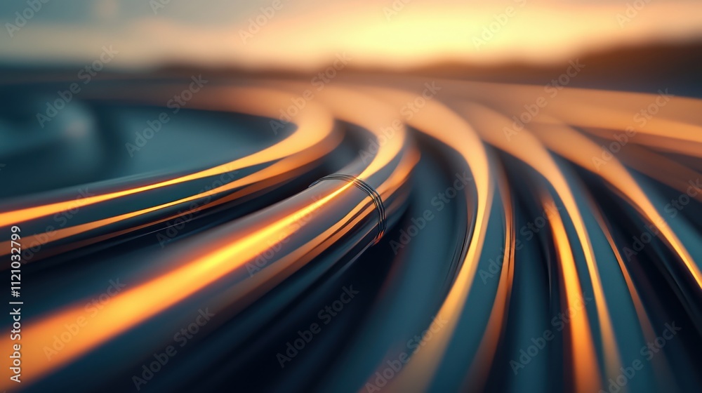 Poster Abstract close-up of glossy wires with warm reflections and blurred background at sunset, showcasing intricate curves and lines, ideal for technology and motion themes.