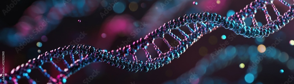 Poster abstract representation of dna helix structure with vibrant colors and blurred background, symbolizi