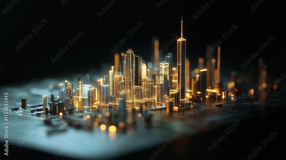 Poster Futuristic Cityscape with Neon Lights and High-Tech Architecture Illuminating a Digital Circuit Board Surface at Night