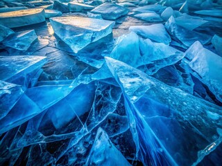 Fototapeta premium Abstract Blue Ice Fractures, Geometric Shattered Ice, Low Light