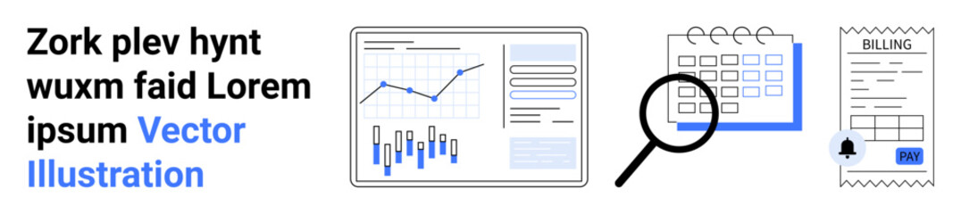 Graphs on a screen, calendar, magnifying glass, billing invoice, and text Vector Illustration. Ideal for business analytics, data presentation, scheduling, financial management, research, planning