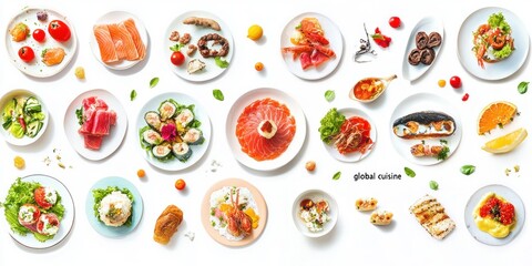 Fototapeta premium Assorted Global Cuisine Dishes Arranged On White Background