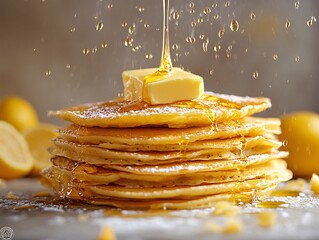 A stack of golden pancakes topped with melting butter and drizzled with syrup, surrounded by fresh lemons, evoking a delicious breakfast scene.