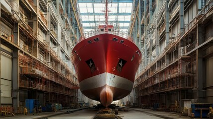 A large ship under construction in a spacious industrial facility.
