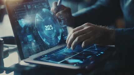 Fototapeta premium Business strategy concept for planning new year goals. Businessman holding a virtual hologram of a growth graph and a target with the text 