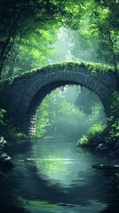 Enchanted Forest Bridge Over a Serene River