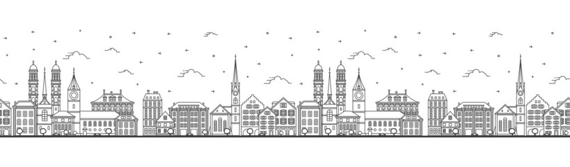 Fototapeta premium Seamless pattern with Outline Zurich Switzerland City Skyline with Historic Buildings Isolated on White. Zurich Cityscape with Landmarks.