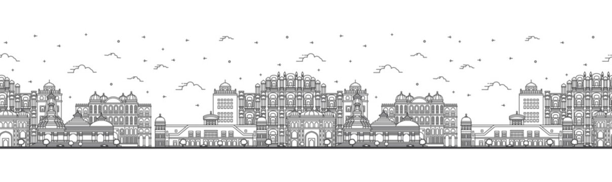 Seamless pattern with Outline Jaipur India City Skyline with Historic Buildings Isolated on White. Jaipur Cityscape with Landmarks.