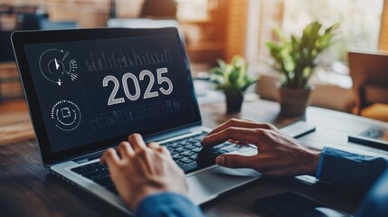 Business strategy concept for planning new year goals. Businessman holding a virtual hologram of a growth graph and a target with the text "2025". Happy New Year. Business planning for the new year