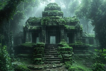 Ancient temple overgrown with moss in a misty jungle setting.