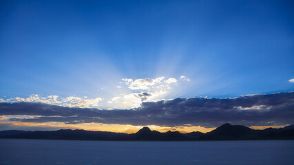 Sunset at Bonneville salt flats in Utah.