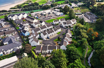 Aerial view of Residential homes Town houses and Business’s in Ballycastle Town Co Antrim Northern Ireland