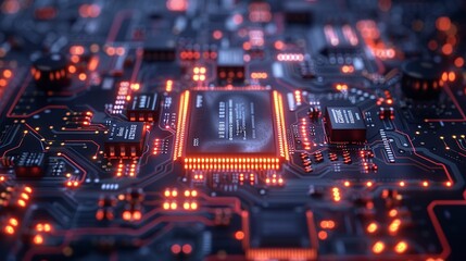 Obraz premium Complex electronic circuit board with glowing orange lights, representing the power of technology and innovation.