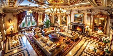 Obraz premium Luxurious Living Room, Drone Shot, Ornate Details, Blank Canvas, Interior Design, Aerial View