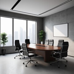 Office interior with meeting table and chairs, ceo desk near window. Mockup wall