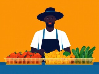 Farmer selling fresh products, community market interaction, flat design illustration