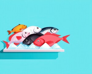 Obraz premium Fresh fish vendor, seafood displayed on ice at local market, flat design illustration