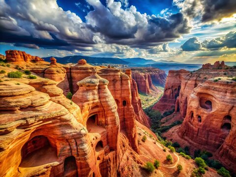 Red Rock Cliff Wind Holes Panoramic Landscape AI Art