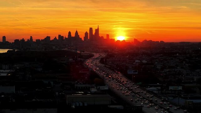 Aerial View of a Sunset over City of Philadelphia