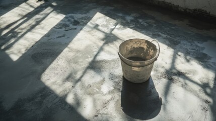 Naklejka premium Sunlit Floor with Construction Bucket Casting Shadows in Room