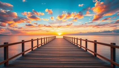 Obraz premium Wooden Pier Extending Towards Vibrant Sunset Over Calm Ocean