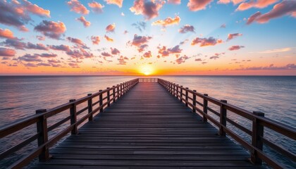 Obraz premium Wooden Pier Extending Towards a Vibrant Sunset Over the Ocean