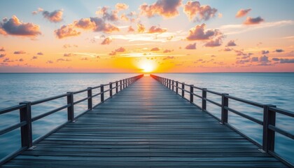 Fototapeta premium Wooden Pier Extending Towards Sunset Over Calm Ocean