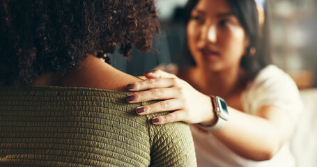 Friends, women and hands on shoulder for support with breakup, depression and relationship advice....
