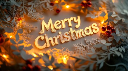 A delicate kirigami "Merry Christmas" lettering encircled by a handcrafted paper wreath, featuring detailed cuts of leaves, berries, and ribbons, surrounded by softly glowing light, with a neutral,