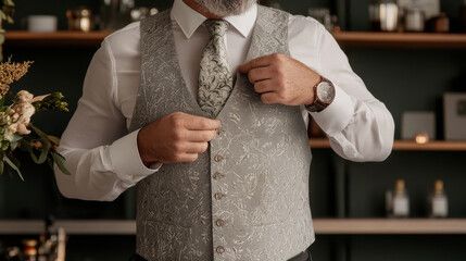 Obraz premium Dapper man adjusting his stylish grey vest and patterned tie, exuding confidence and elegance in sophisticated setting