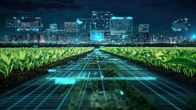 A smart agriculture control center where farmers monitor their fields through real-time data from sensors, drones, and AI systems, optimizing every aspect of production.