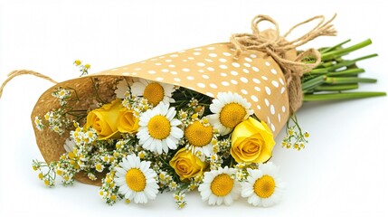 A bright and cheerful bouquet of daisies and yellow roses wrapped in polka dot paper, tied with a jute string bow, isolated on white